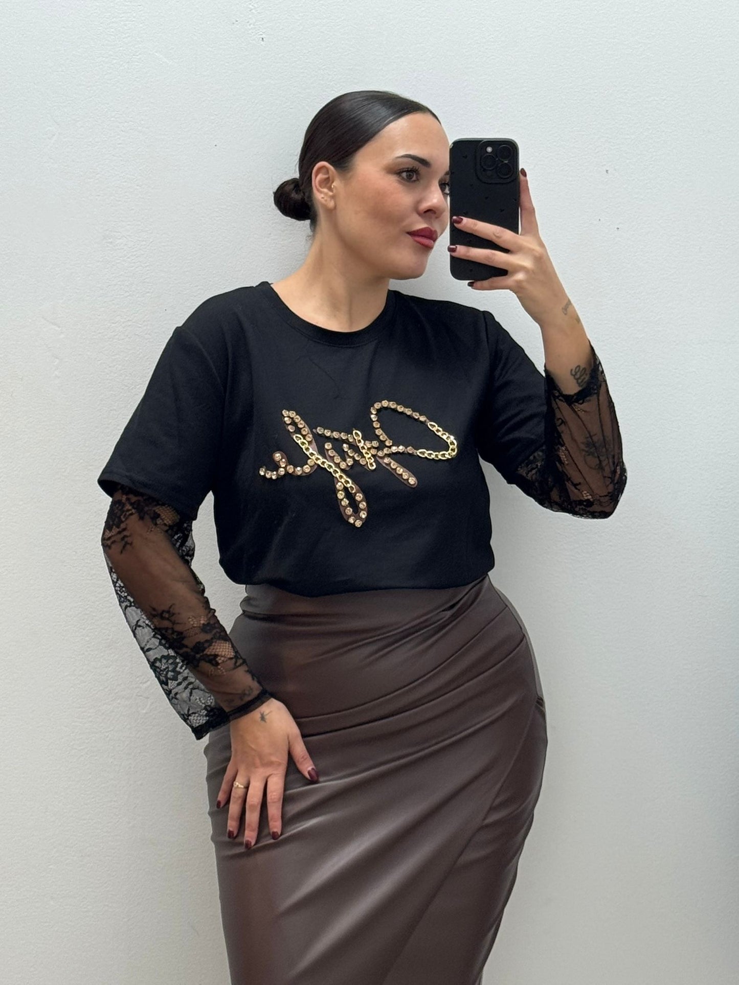 Camiseta Manga Encaje Negra