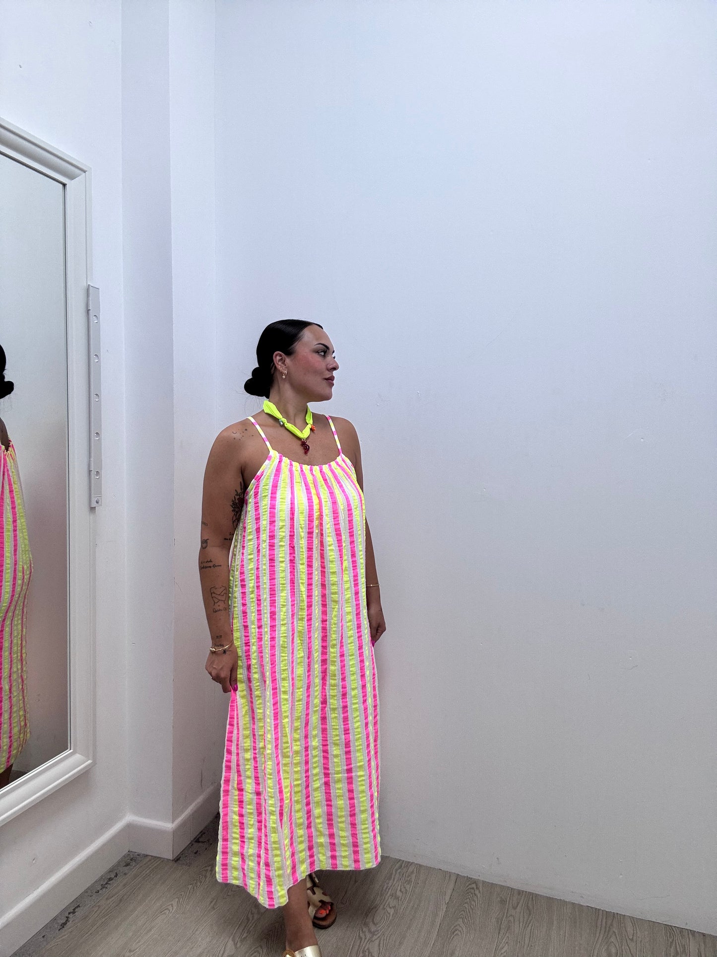 Vestido bambula rayas flúor