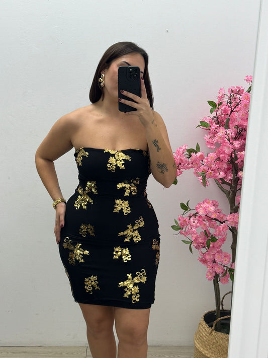 Vestido Negro Brillo Dorado