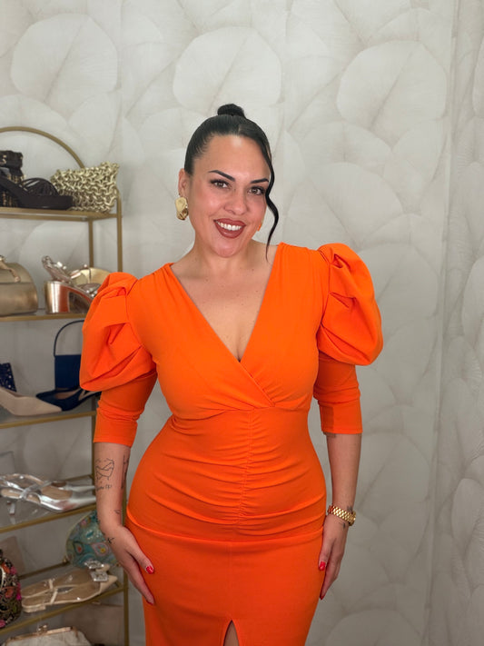 VESTIDO MANGA ABULLONADA NARANJA FLÚOR