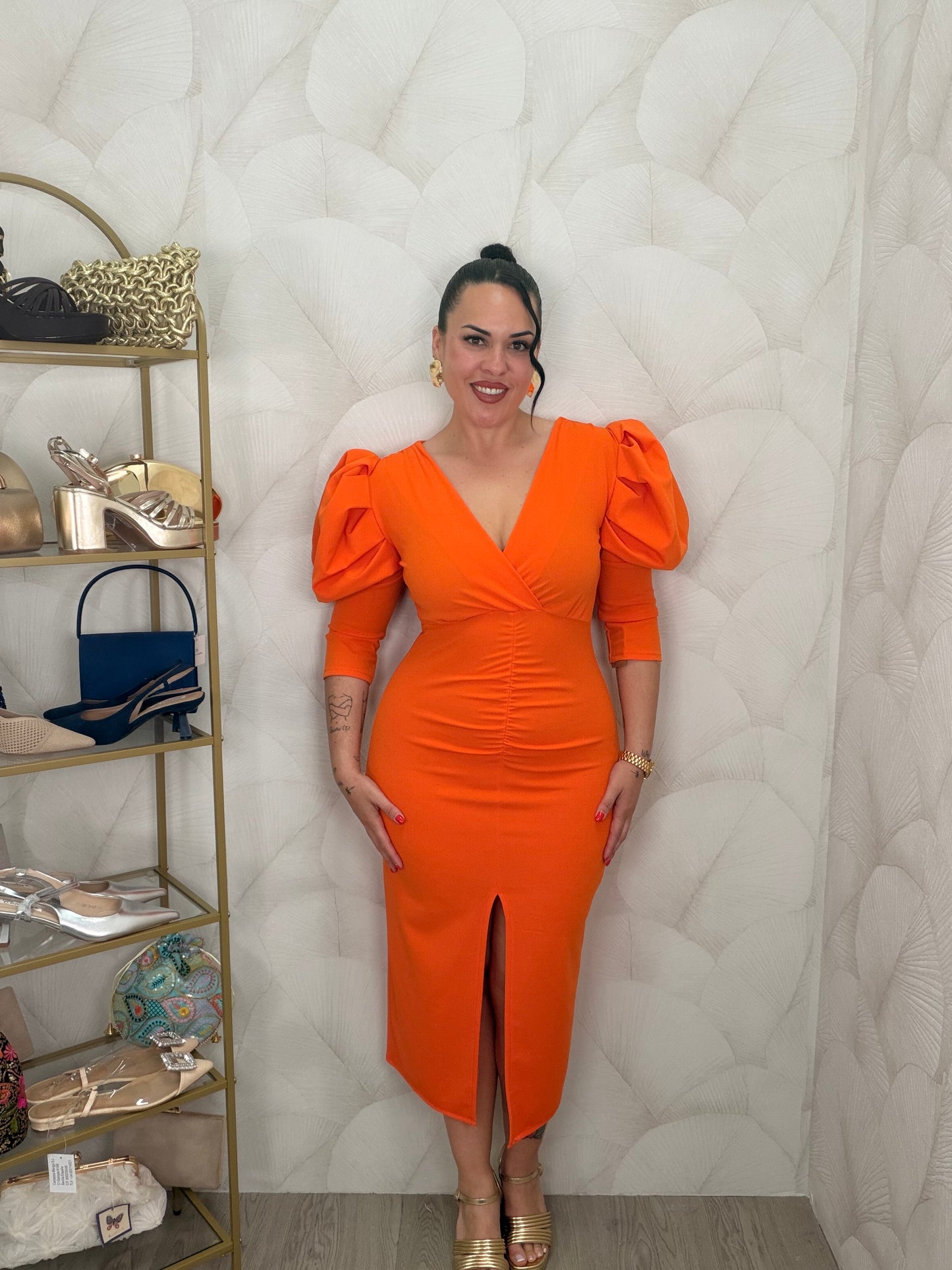 VESTIDO MANGA ABULLONADA NARANJA FLÚOR