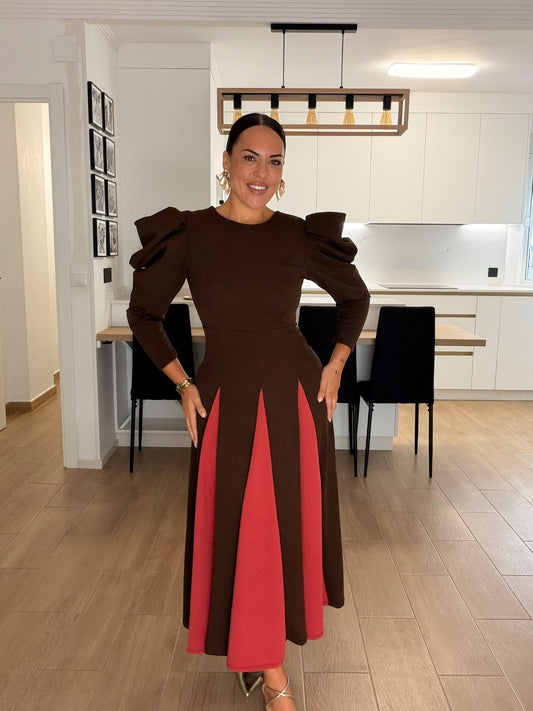 VESTIDO NEJA MARRÓN Y CORAL